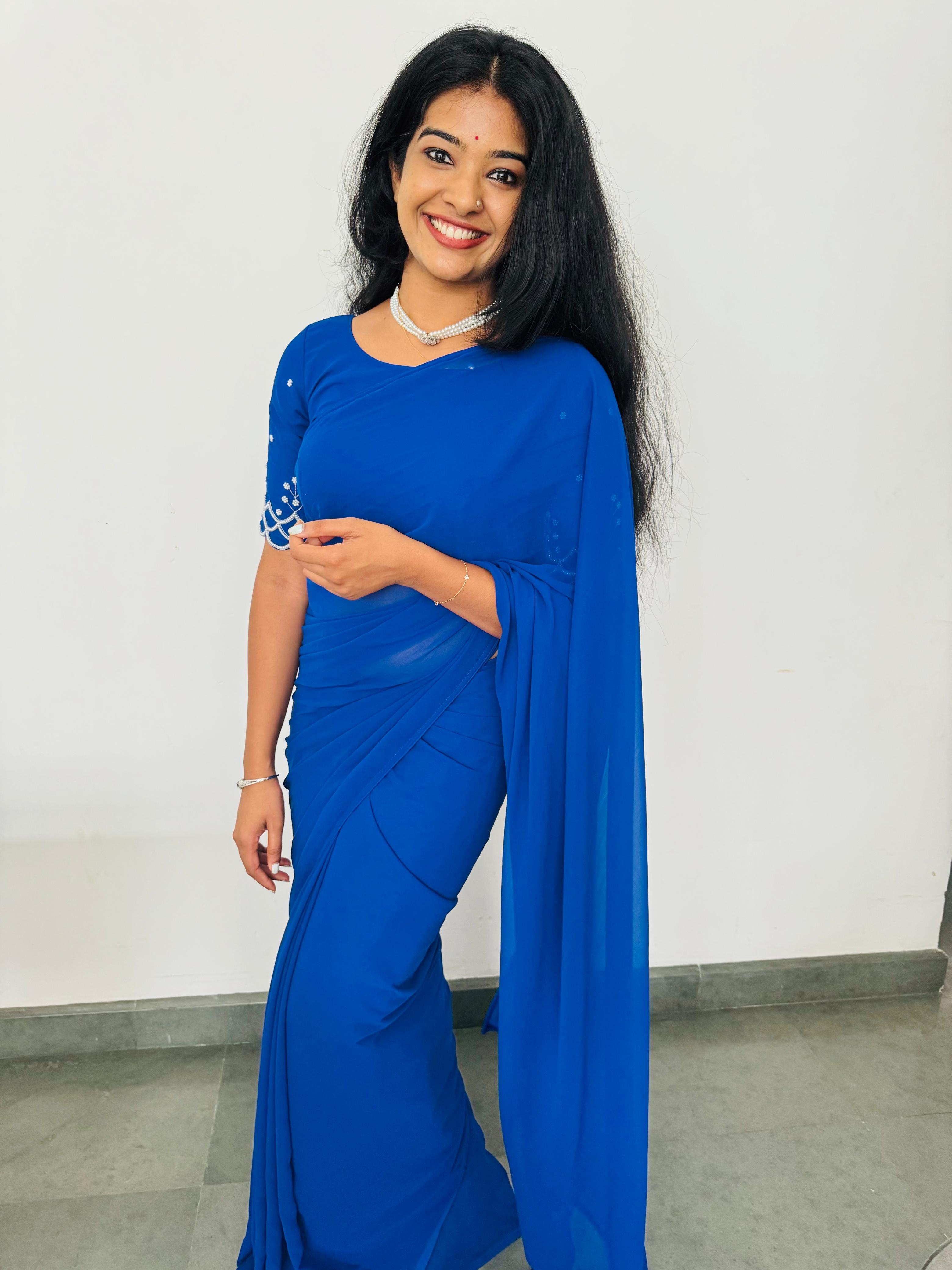 Elegant Royal Blue Georgette Saree with Embellished Blouse - Code: SS10016