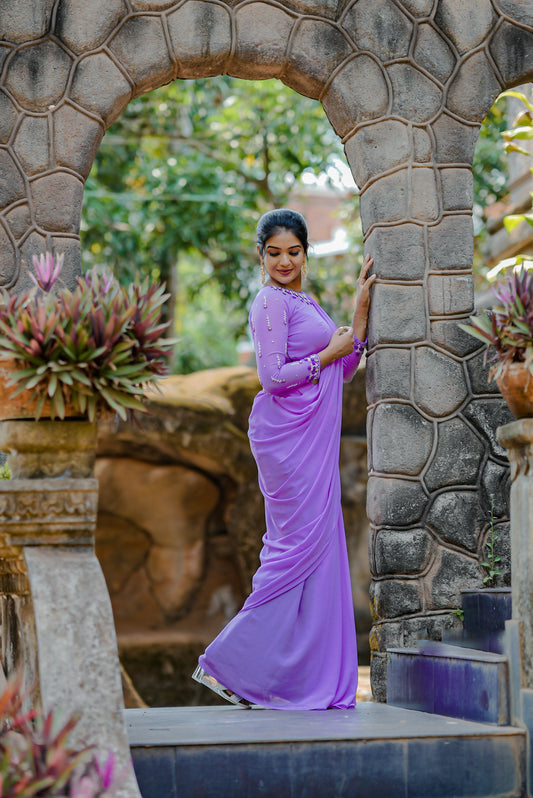 lavender aari worked georgette saree