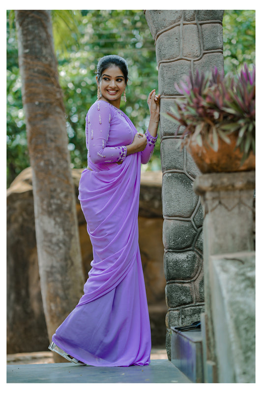 lavender aari worked georgette saree