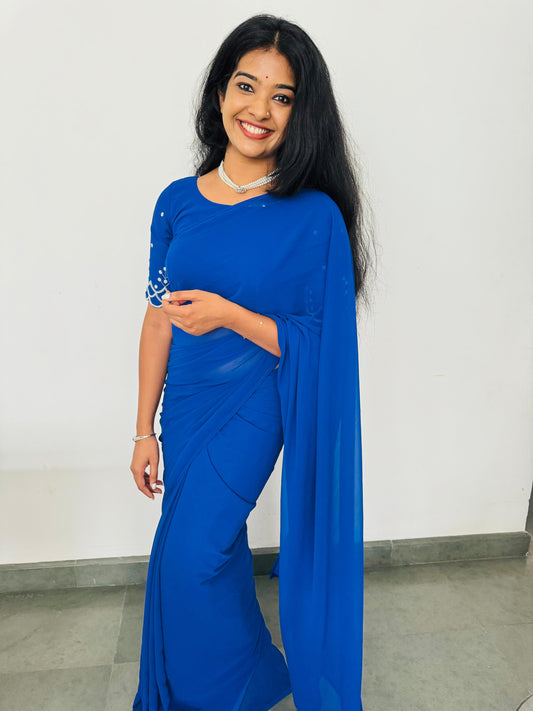 Elegant Royal Blue Georgette Saree with Embellished Blouse - Code: SS10016
